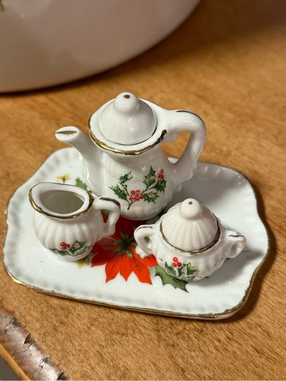 Vintage Christmas Miniature Ceramic Tea Set - White with Holly Motif